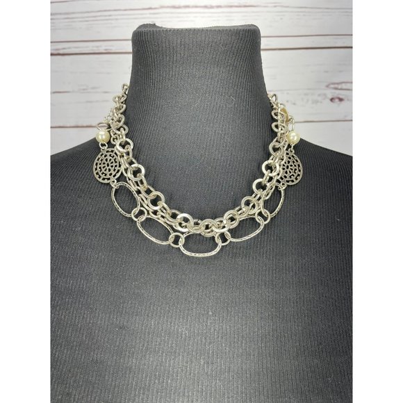 Beautiful Multi Layered Silver Metal Chain Round Pearl Button Necklace - Picture 1 of 8